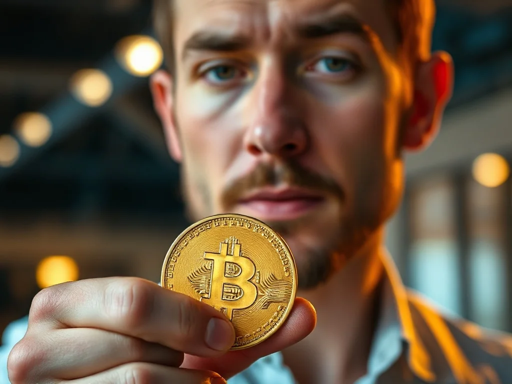 Złota moneta w dłoni mężczyzny na tle cyfrowych wykresów kryptowalut, symbolizująca ewolucję pieniądza od kruszcu do technologii.