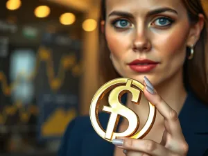 Mężczyzna trzyma smartfon z wykresami finansowymi, opierając drugą dłoń na stosie banknotów w nowoczesnym wnętrzu banku.