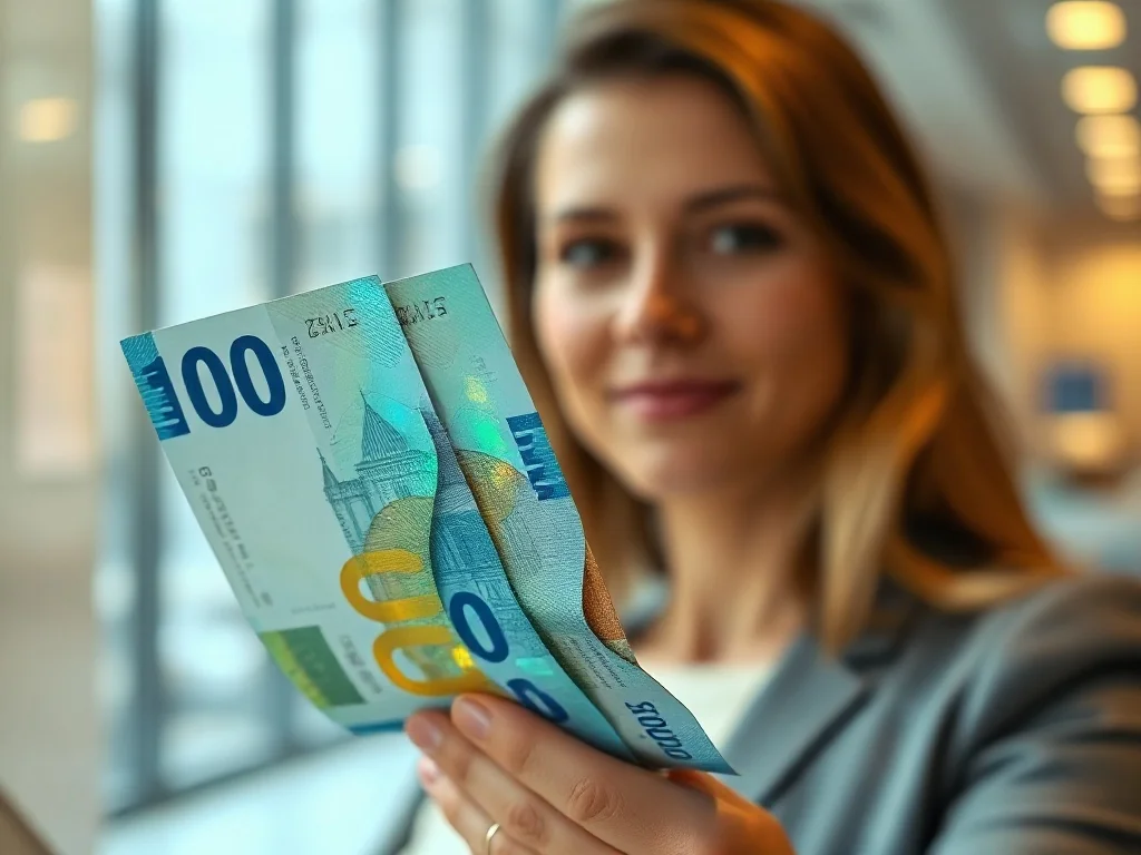 Dłoń trzymająca nowoczesny banknot polimerowy, ukazująca jego półprzezroczystą strukturę i holograficzne detale.