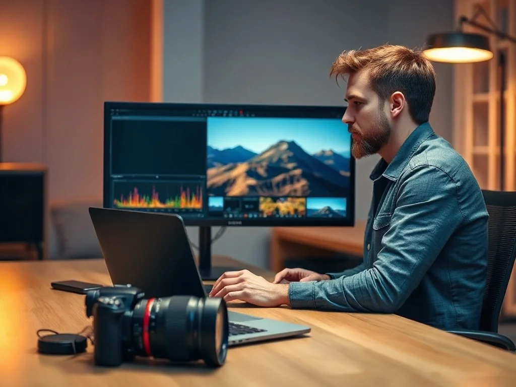 Profesjonalny fotograf edytujący zdjęcie na monitorze w nowoczesnym studio, przygotowujący materiał do obróbki.