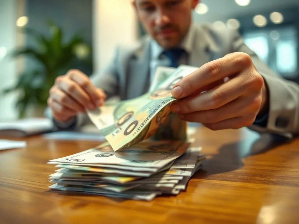 Osoba przelicza nowe banknoty na drewnianym biurku, obok których leżą wycofane z obiegu stare pieniądze.