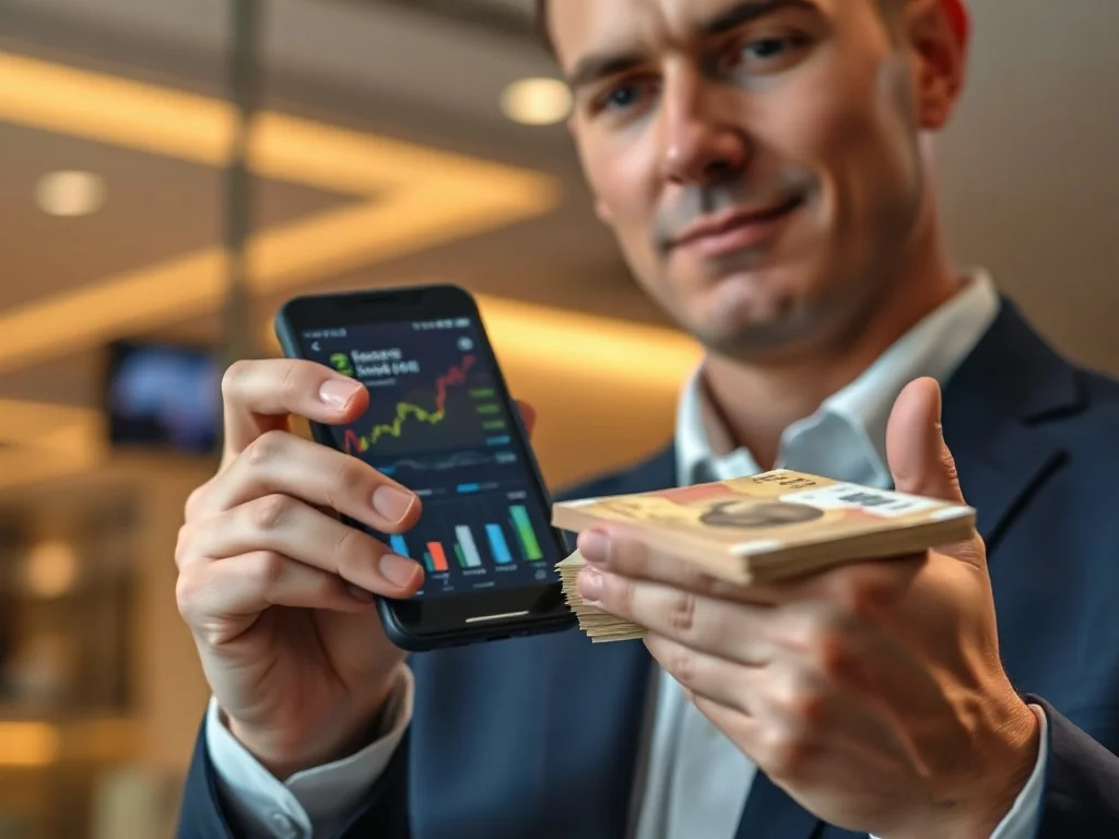 Mężczyzna trzyma smartfon z wykresami finansowymi, opierając drugą dłoń na stosie banknotów w nowoczesnym wnętrzu banku.