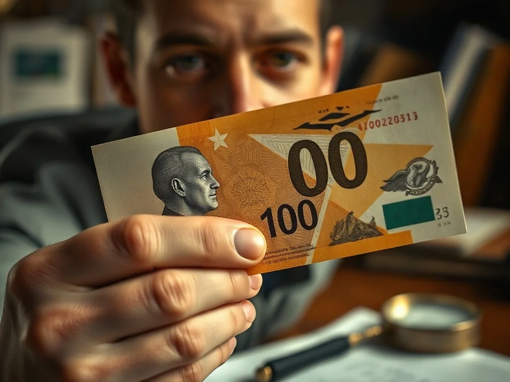 Zbliżenie na unikalny numer seryjny banknotu, sprawdzany przez mężczyznę przy użyciu lupy na biurku.