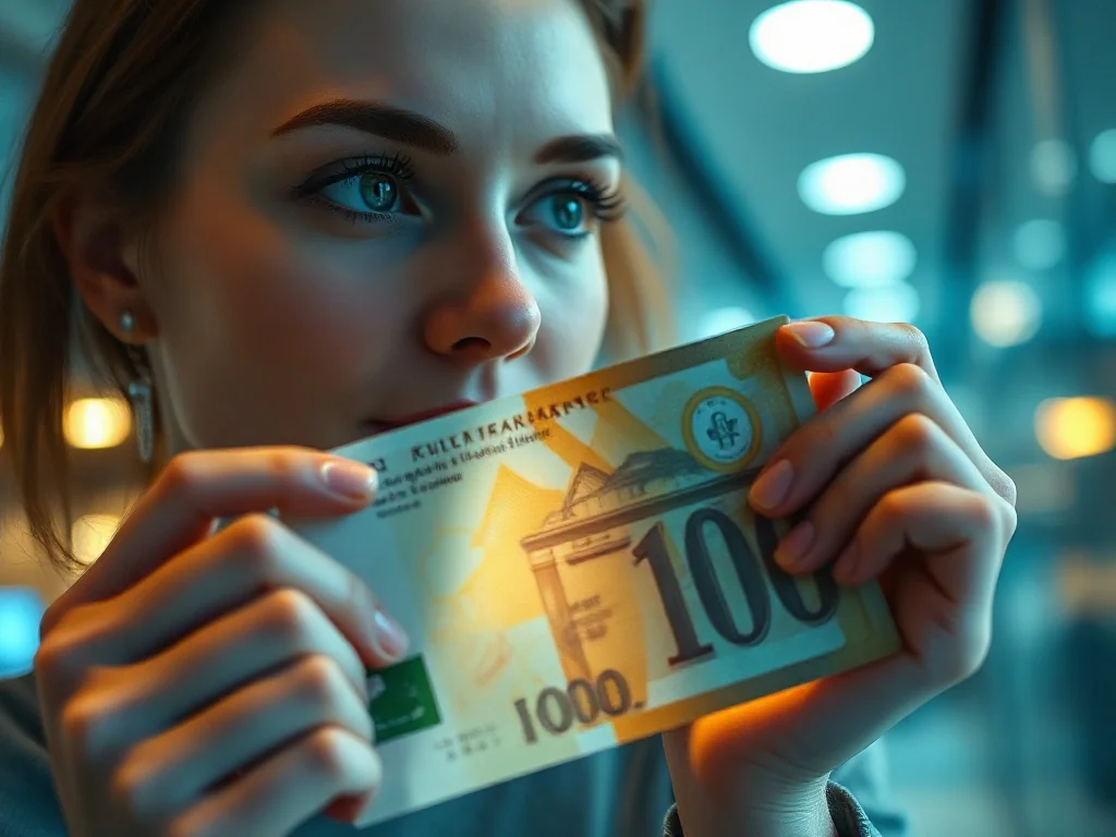 Kobieta sprawdza autentyczność banknotu, podnosząc go pod światło w celu weryfikacji zabezpieczeń i hologramu.
