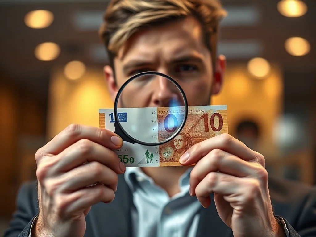 Mężczyzna sprawdza numer seryjny banknotu przy użyciu lupy w profesjonalnym biurze bankowym.