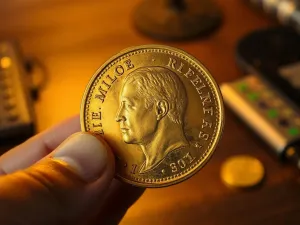 Zbliżenie na rewers metalowej monety z wyraźnymi grawerunkami na tle nastrojowego gabinetu.