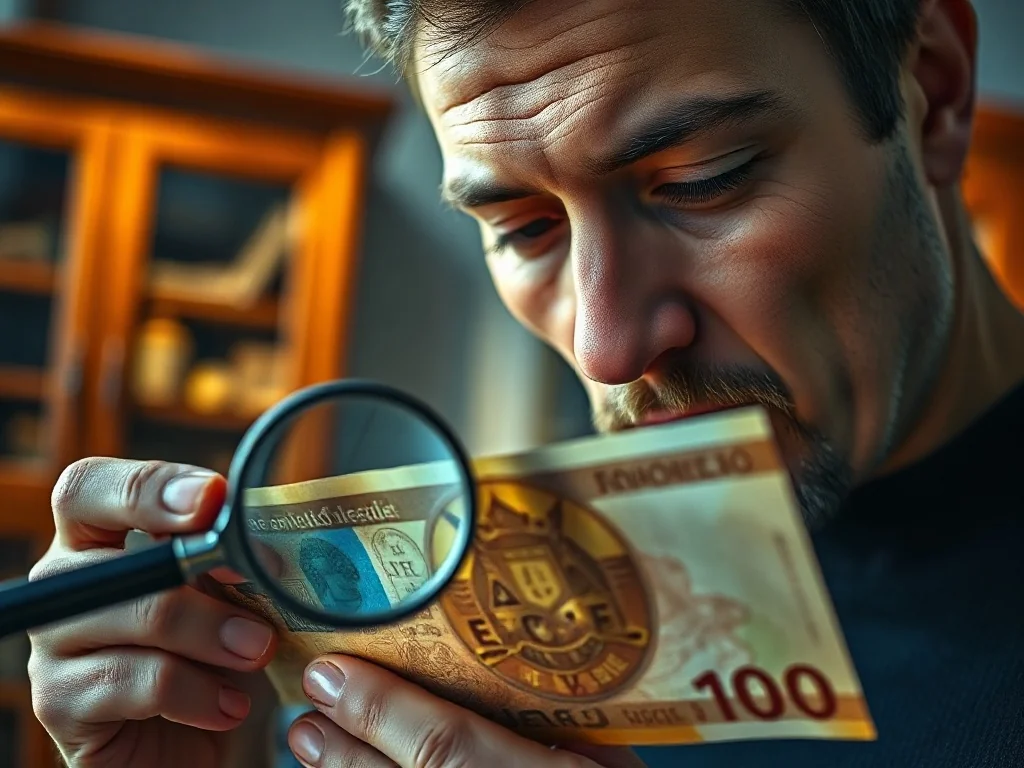 Mężczyzna z lupą w dłoni analizuje detale rzadkiego banknotu kolekcjonerskiego w profesjonalnym gabinecie numizmatycznym.