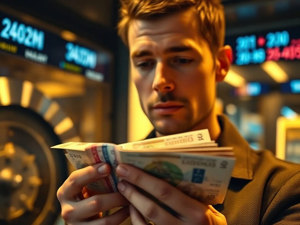 Mężczyzna wnikliwie przyglądający się plikowi banknotów na tle nowoczesnego wnętrza banku z wykresami finansowymi.
