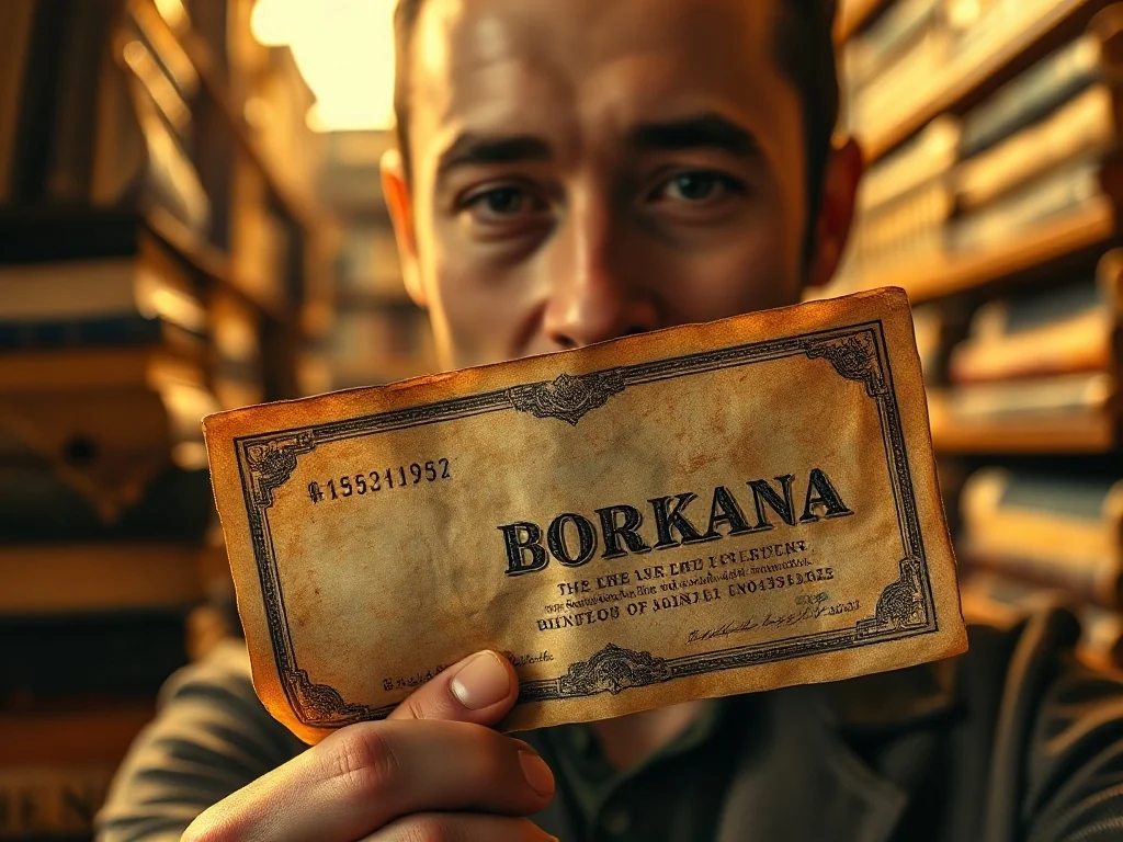 Zbliżenie na stary, zniszczony banknot trzymany w dłoniach na tle biblioteki, symbolizujące historię pieniądza papierowego.