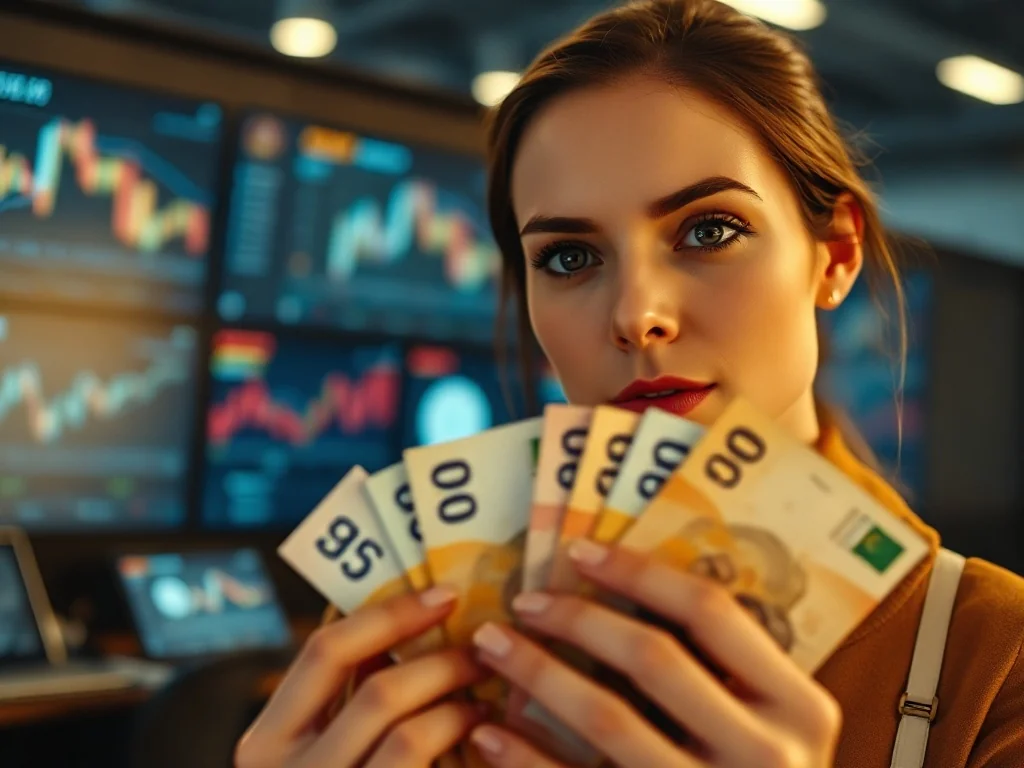 Kobieta trzymająca w dłoniach różnorodne banknoty międzynarodowe na tle nowoczesnego biura finansowego.